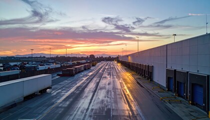 Fototapeta premium Dawn at Messy Dock Facility with Packing Stations and No People