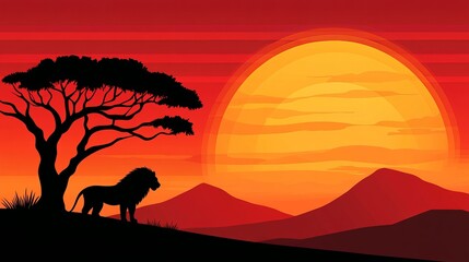 Fototapeta premium Lion silhouette stands near a tree during sunset with mountains in the background.