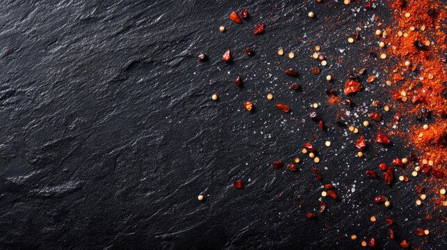 Chili flakes and pepper dust scattered on black stone surface with salt crystals, creating vibrant culinary scene with clean space for text on left side