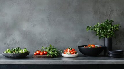 Kitchen countertop with three bowls of fresh vegetables on it. the bowls are black and are placed against a gray concrete wall.
