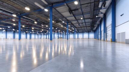 Spacious industrial warehouse interior with polished concrete floor and blue pillars under bright lights