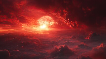 Naklejka premium Dramatic sunset sky filled with billowing clouds illuminated in vibrant shades of orange,