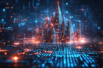 Obraz premium Futuristic city of glowing structures on digital matrix