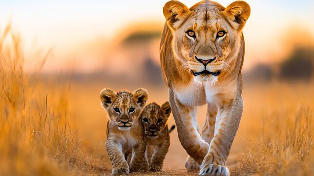 Lioness walks forward followed by two cubs in a grassy field under a bright, warm sunset.
