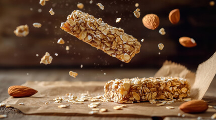Granola bar with oats and almonds floating in air above rustic paper, natural tone background, healthy snack concept with scattered oat flakes and nuts creating lively scene