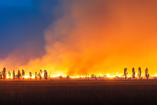 Fiery sunset over a field ablaze