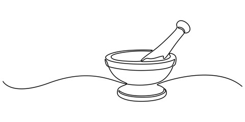 continuous line drawing of mortar and pestle, Mortar with pestle one line continuous drawing. Kitchen tools continuous one line illustration. Vector minimalist linear illustration, creating simple.