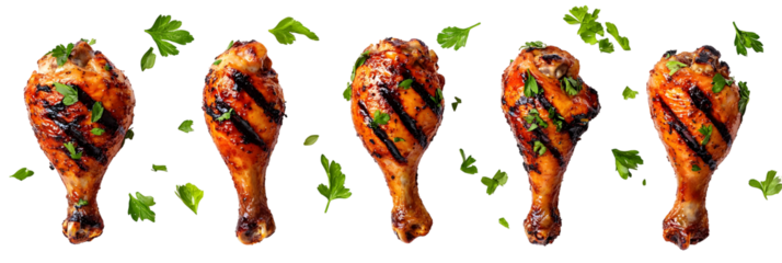 Grilled chicken legs with fresh parsley isolated on a black background display