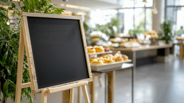 Charming Shop Scene with Empty Vintage Chalk Welcome Board in Rustic Wooden Frame, Set Against a Softly Blurred Dessert Kiosk in a Warm and Inviting Department Store Atmosphere

