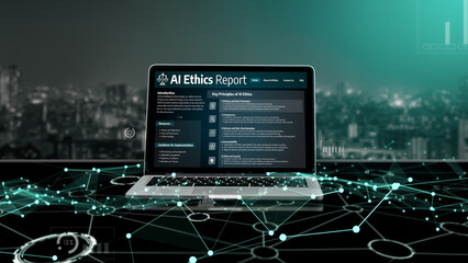 AI ethics responsibility standard law and rules on computer screen provide report of AI ethic...