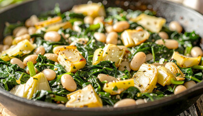 Spinach, artichoke and bean skillet. AI
