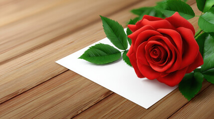 A vibrant red rose with lush green leaves rests gently upon a crisp white envelope lying on a rustic wooden table creating a romantic and heartfelt scene.
