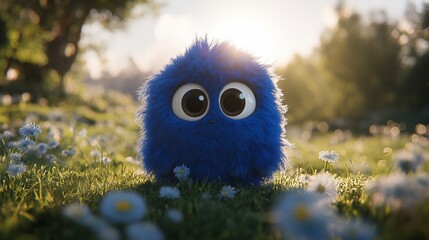 Adorable blue fuzzy creature in a meadow