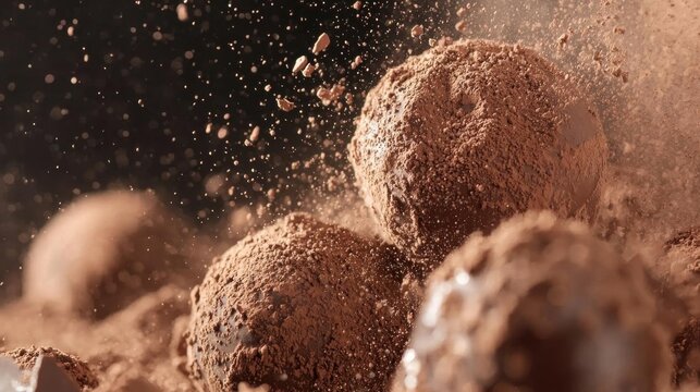 Close-up of a pile of chocolate truffles. the truffels are round and have a light brown color. they are scattered randomly, with some overlapping each other.