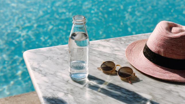 Clear glass water bottle on marble table beside pink hat and sunglasses near blue pool on sunny day for summer lifestyle