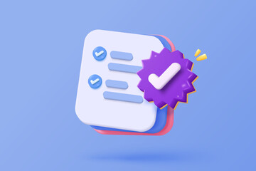 3d icon file task management todo check list, assignment and exam paperwork, work on organization, progress feedback, administration survey. 3d clipboard tick check icon vector render illustration