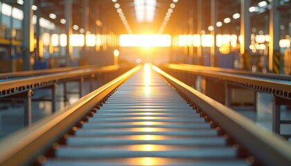 Minimalist Automated Warehouse with Conveyor Belts at Golden Hour