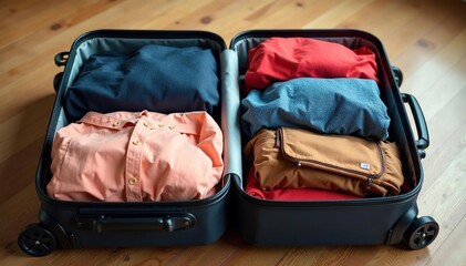 A neatly packed suitcase ready for travel, showcasing efficient packing techniques , clothing, personal items, efficient packing