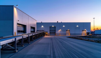 Minimalist Warehouse with Conveyor Belts at Dusk Under Evening Sky