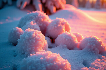 Group of snowballs sitting on top of a snow covered ground, with a blurred background.