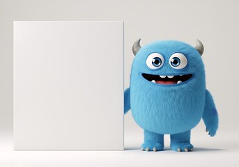 Obraz premium Adorable blue monster with horns stands by a blank white sign, ready for your message
