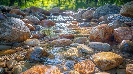 Creekbed stones smooth water-polished varied earth tones natural pathway crystal clear flowing water sunlight reflections rippling surface woodland setting natural texture background serene outdoor n