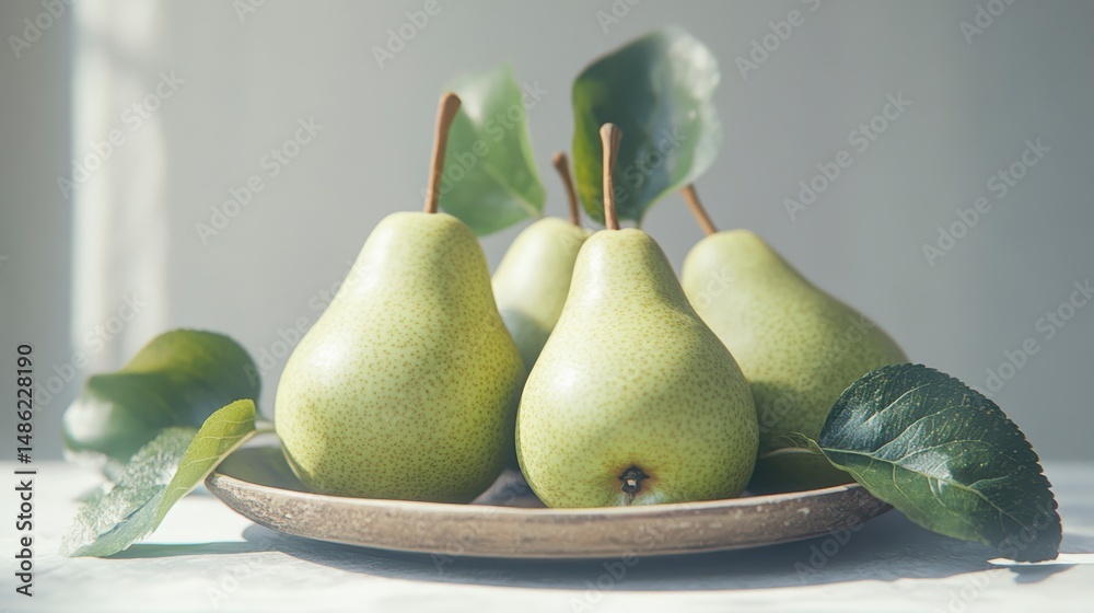 Aufkleber four ripe green pears on a rustic plate, illuminated by soft sunlight.