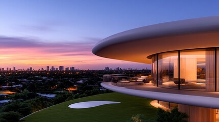 Modern architecture apartment features curved glass windows and a rooftop deck overlooking the cityscape at dusk.