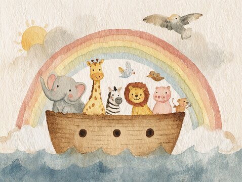 Debbie Kingston Baker Noah's Ark 水彩　絵画 Debbie Kingston Baker Noah's Ark Signed Large White Frame