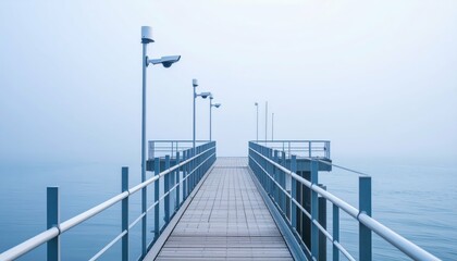 Fototapeta premium Minimalist Dock with Security Cameras in Misty Atmosphere