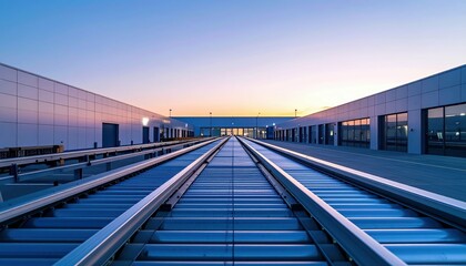 Minimalist Conveyor Belts in Fulfillment Center During Dusk Sky