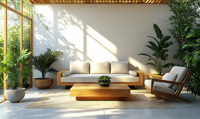 Modern minimalist living room with wooden furniture and plants