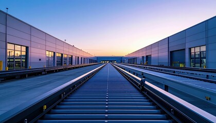 Fototapeta premium Minimalist Industrial Fulfillment Center with Conveyor Belts at Dusk