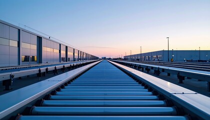 Minimalist Warehouse Conveyor Belts at Dusk with No People Present