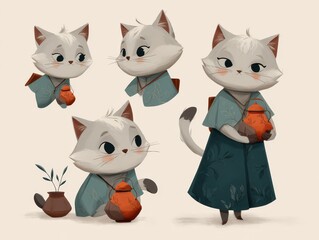 Fototapeta premium Cute, stylized cat characters in various poses and attire.