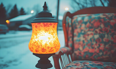 Illuminated glass lamp and floral armchair in winter setting