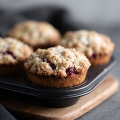 Homemade berry crumble muffins in baking tray