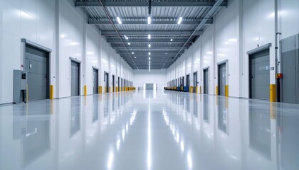 Spacious Minimalist Fulfillment Center with Reflective Floor and Pallets