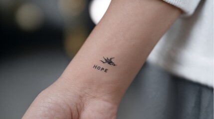 Minimal hope tattoo with bird on wrist close-up