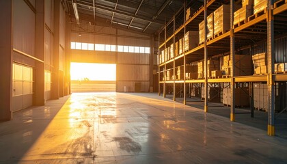 Naklejka premium Minimalist Interior of a Warehouse with Pallet Racking at Sunset