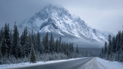 Snowy mountain road through pine forest in winter