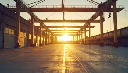Minimalist Warehouse at Golden Hour with Overhead Cranes and No People