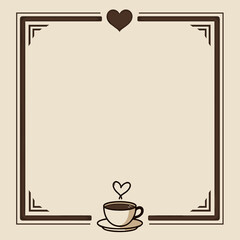 Coffee cup illustration in decorative frame with hearts and swirls  