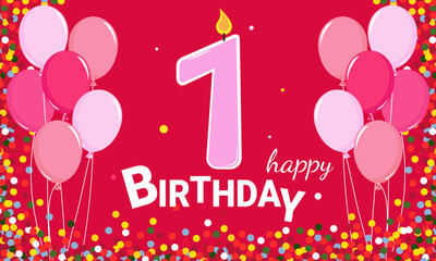 Happy Birthday. 1 year. Balloons and confetti on a pink background. A pink candle with the number 1 in the center.