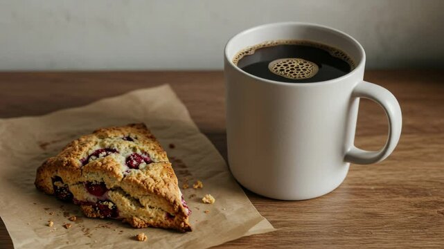 Fresh scone and coffee cup arranged on a wooden table  