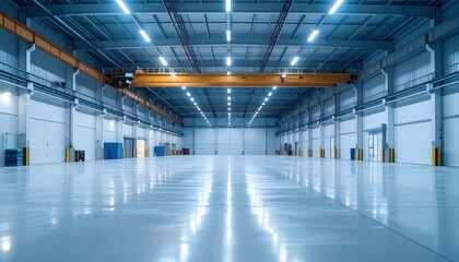 Fototapeta premium Minimalist Refrigerated Warehouse Interior with Overhead Crane Lighting