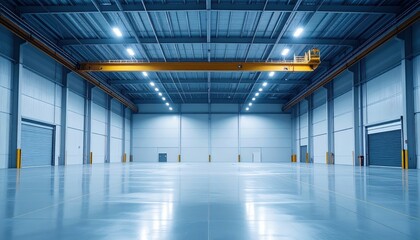 Obraz premium Minimalist Refrigerated Warehouse with Overhead Crane and Ambient Lighting