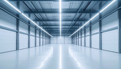 Obraz premium Minimalist Refrigerated Warehouse with Pallet Racking under Lights