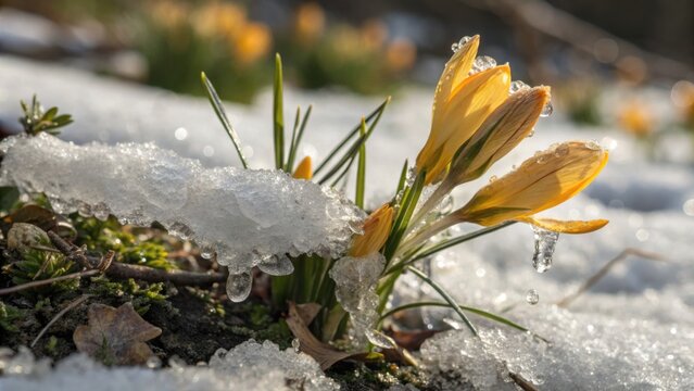 Yellow crocus flowers blooming through melting snow in early spring  