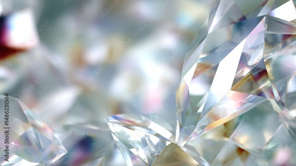 Poster Close-up view of crystal refractions casting vibrant prismatic light patterns on a neutral surface with pronounced texture and available copy space on the right